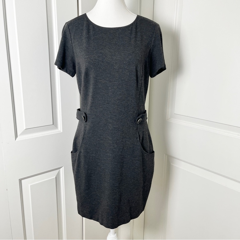 Mexx Short Sleeve Gray Sheath Mini Dress Button Tab Waist Mod & Office Chic Sz10